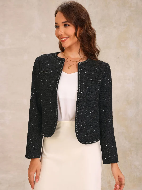 Tweed Long Sleeve Sequins Glitter Cropped JacketCroptopartisan