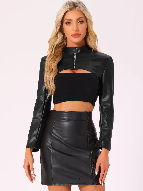 Faux Leather Stand Collar Moto Biker Cropped Jacket ShrugsCroptoptrendsetter