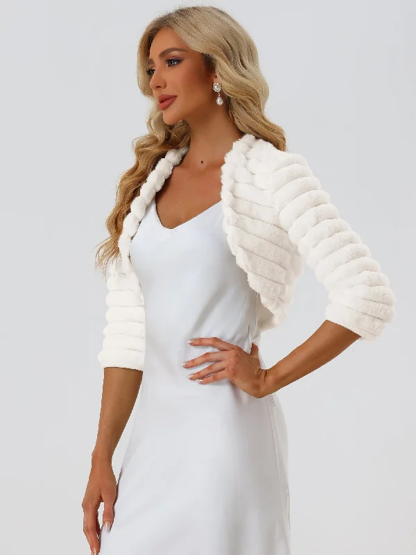 Faux Fur 3/4 Sleeves Cocktail Cropped Jacket Bolero ShrugCroptopbrand