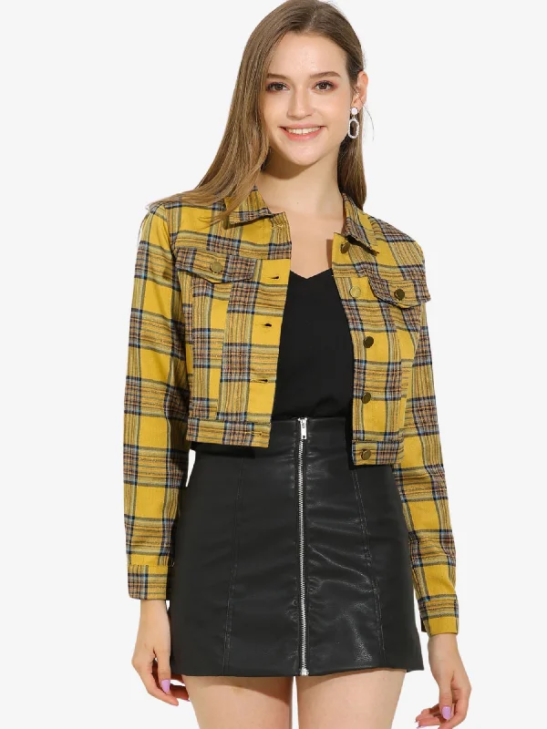 Plaid Cropped Long Sleeve Lapel Button Down Moto JacketCroptopcashmere