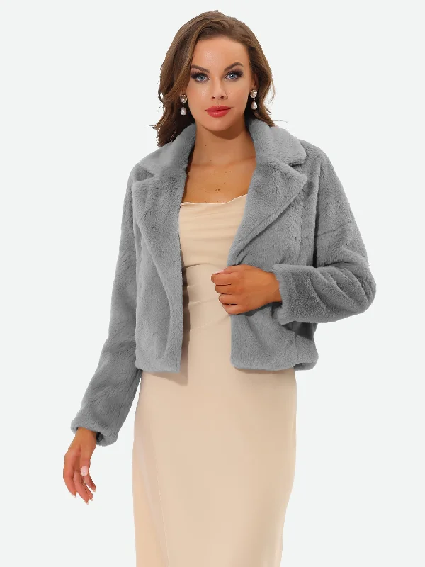 Allegra K Cropped Jacket Notch Lapel Faux Fur Fluffy CoatCroptopoutfit