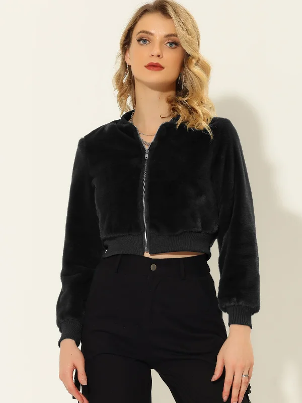 Faux Fur Long Sleeve Winter Zipper Up Cropped Bomber JacketCroptopprint