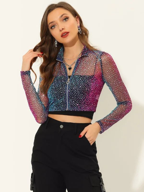 Christmas Sheer Top Glitter Stand Collar Zip Up Cropped JacketCroptopcotton