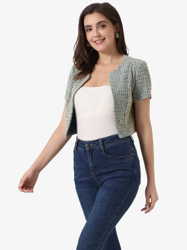 Tweed Open Front Short Sleeve Cropped JacketCroptoplightweight