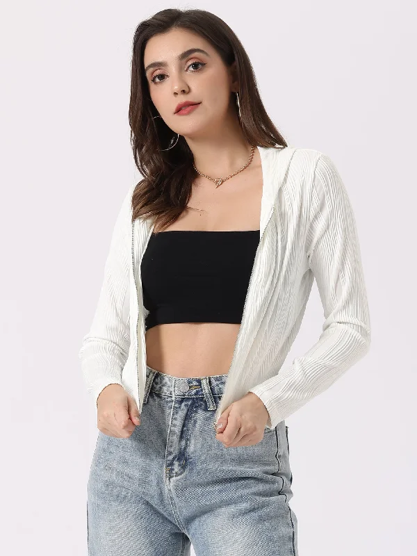 Zip Up Long Sleeve Lightweight Textured Cropped Hoodie JacketCroptopquality