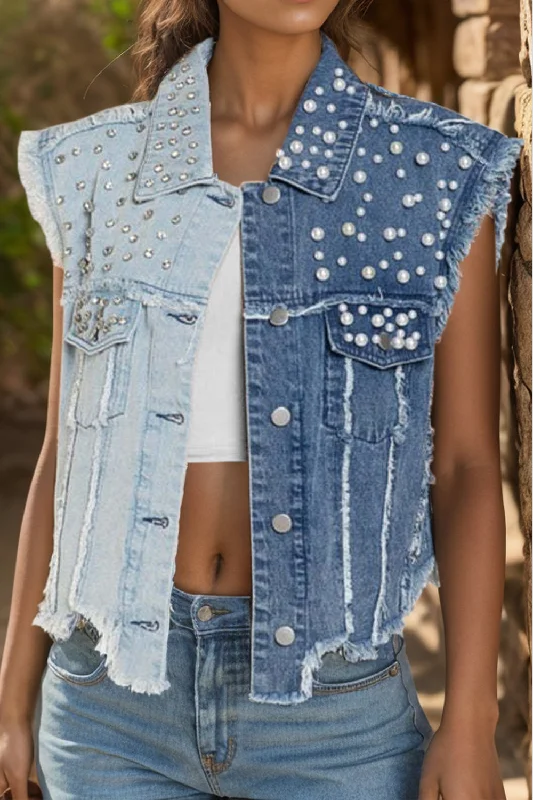 Denim embroideryPearl Raw Hem Sleeveless Denim Jacket