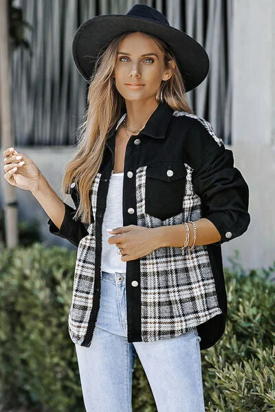 Bohemian denimPlaid Pocketed Button Up Denim Jacket