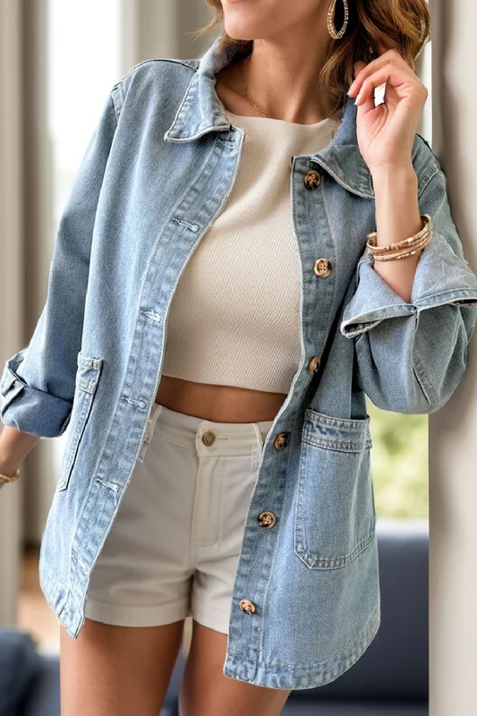 Denim trousersPocketed Button Up Long Sleeve Denim Jacket