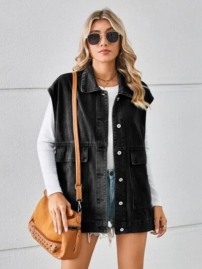 Denim camisole ShoulderPocketed Button Up Sleeveless Denim Jacket