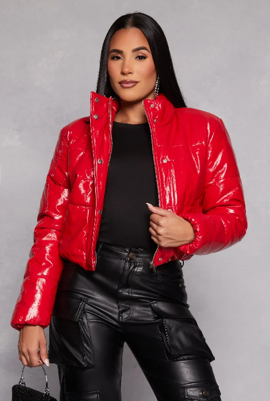 Faux Patent Leather Cropped Puffer JacketCroptopcloud