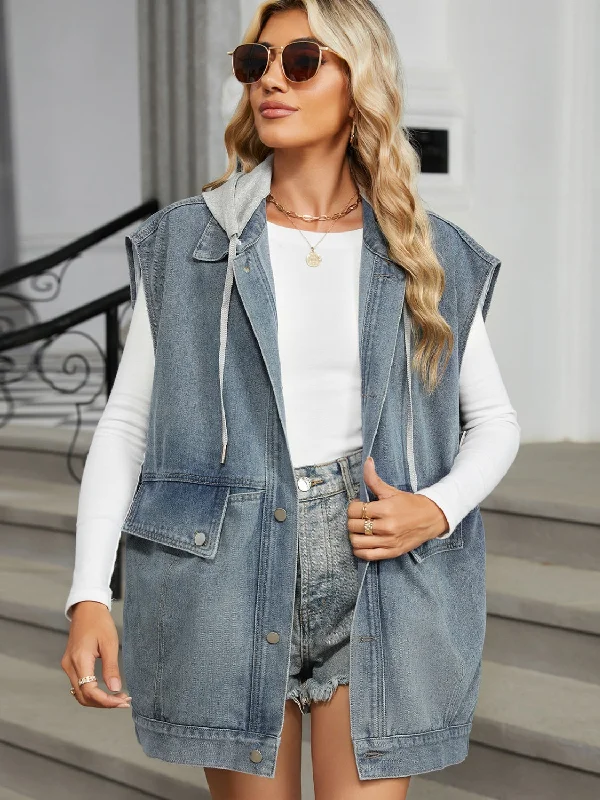 Denim patchworkRemovable Hood Button Up Cap Sleeve Denim Jacket