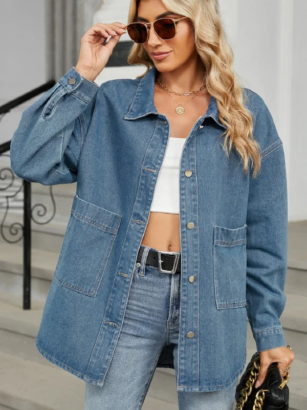 Denim laceRemovable Hood Button Up Long Sleeve Denim Jacket