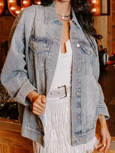 Denim with beltRhinestone Detail Button Up Denim Jacket