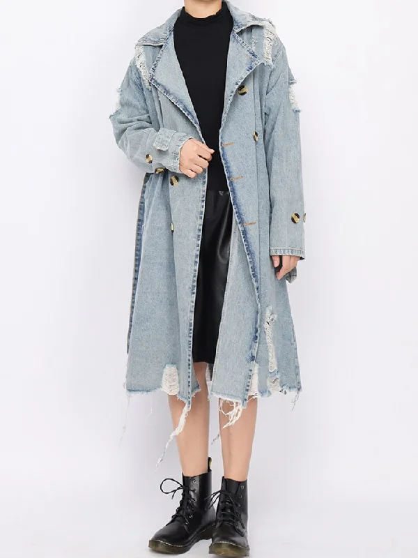 Cowboy shoesDouble-Breasted Hollow Out Denim Trench Coat