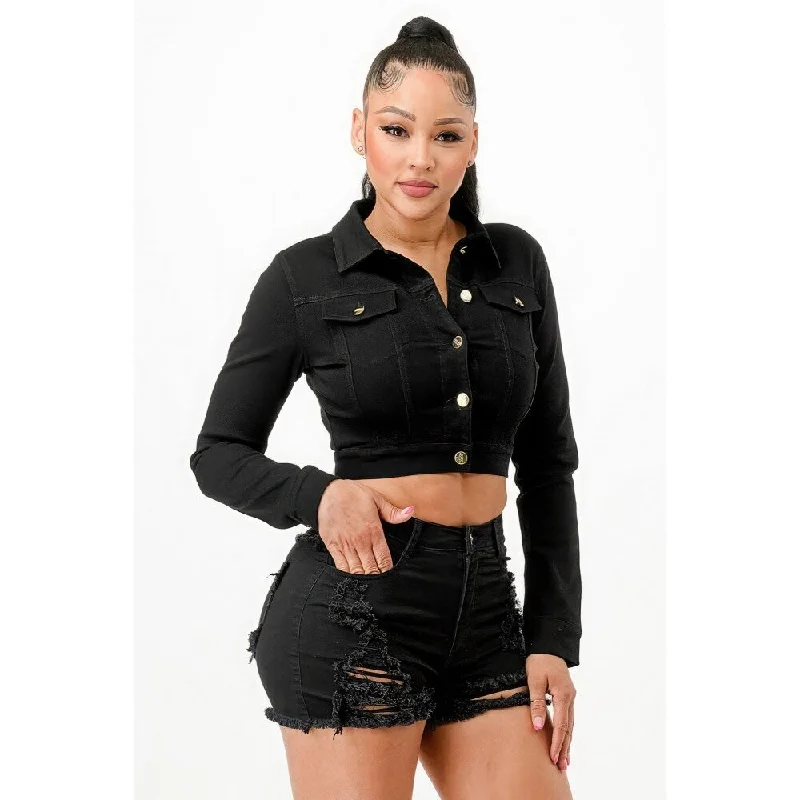 Super Stretchy Cropped Jacket with Classic Collar and Button-Down FrontCroptopsilk