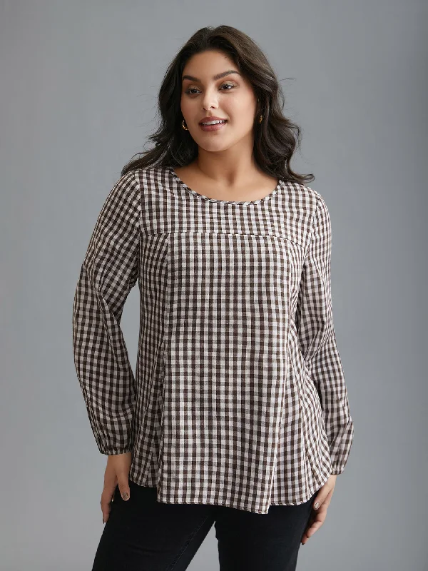 Gingham Elastic Cuff Round Neck ShirtFormal Shirts