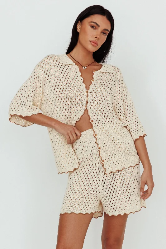 Just A Hunch Button Crochet Shirt Nutmeg/ShellLeather-Paneled Shirts