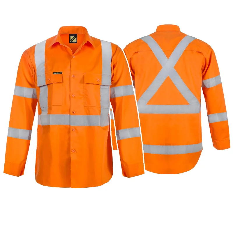 WS6010 LIGHTWEIGHT HI VIS LONG SLEEVE VENTED COTTON DRILL REFLECTIVE SHIRT WITH X PATTERN – NSW RAIL COMPLIANTPolyester Shirts