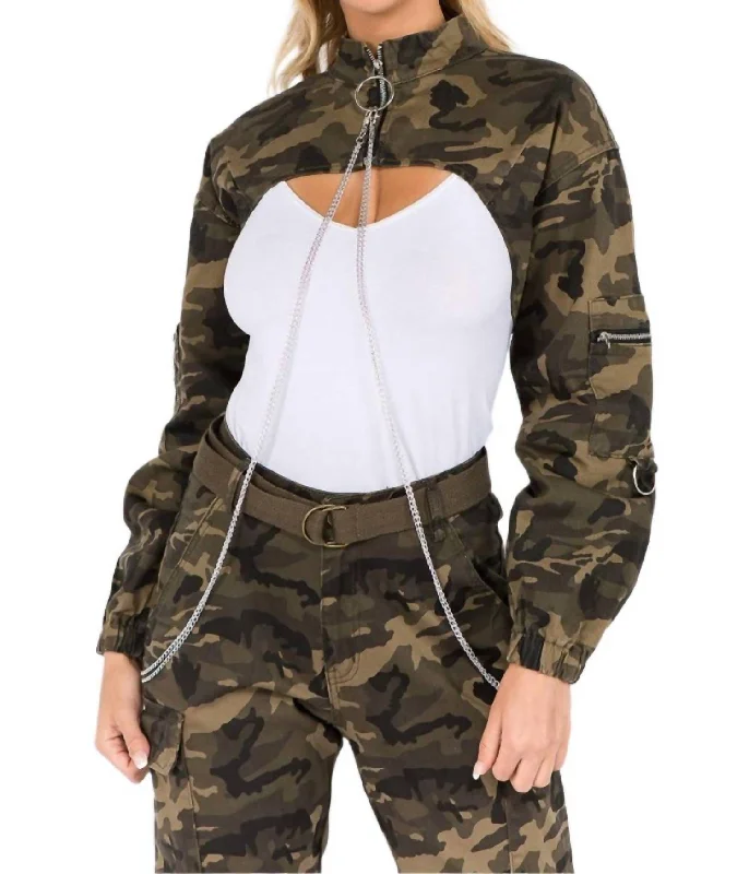 Camouflage Cropped Jacket With Chains In Olive CamoCroptopquality