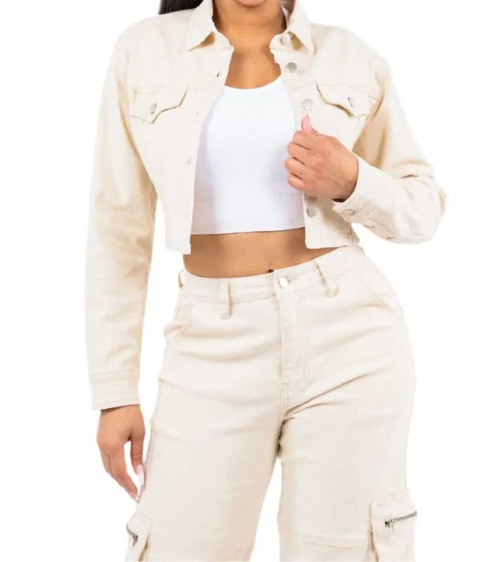 Cropped Lace-Up Jacket With Button Front In IvoryCroptopsmart