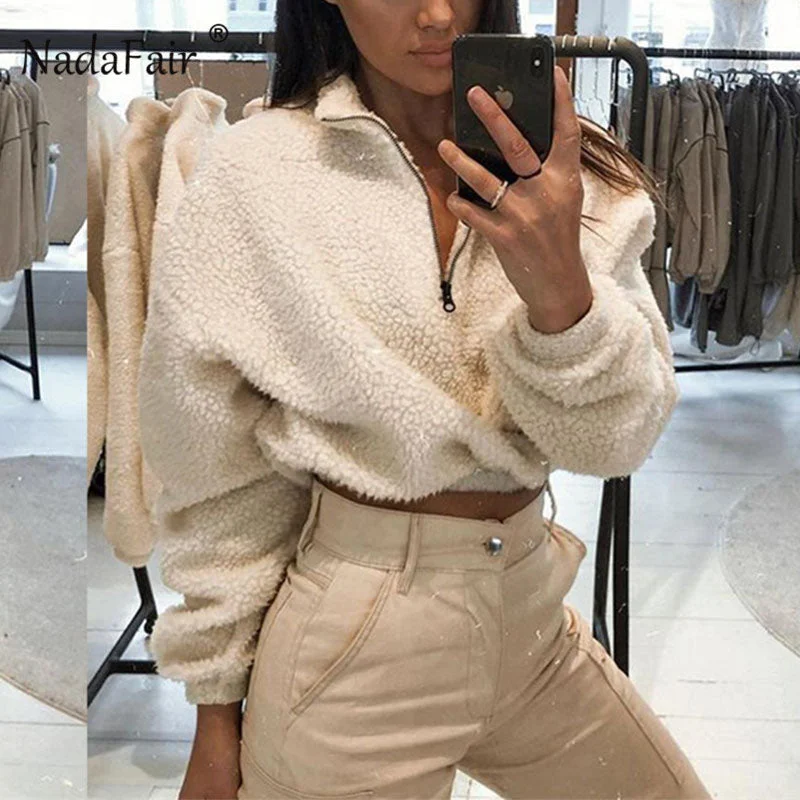 Nadafair Long Sleeve White Cropped Hoodie Women Autumn Winter Pullover Short Sweatshirt Plush Zipper Faux Fur Fluffly SweatshirtCroptopgadget