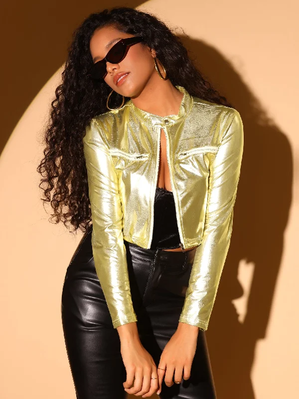 Stand Collar Metallic Zipper Party Long Sleeve Cropped JacketCroptopweb