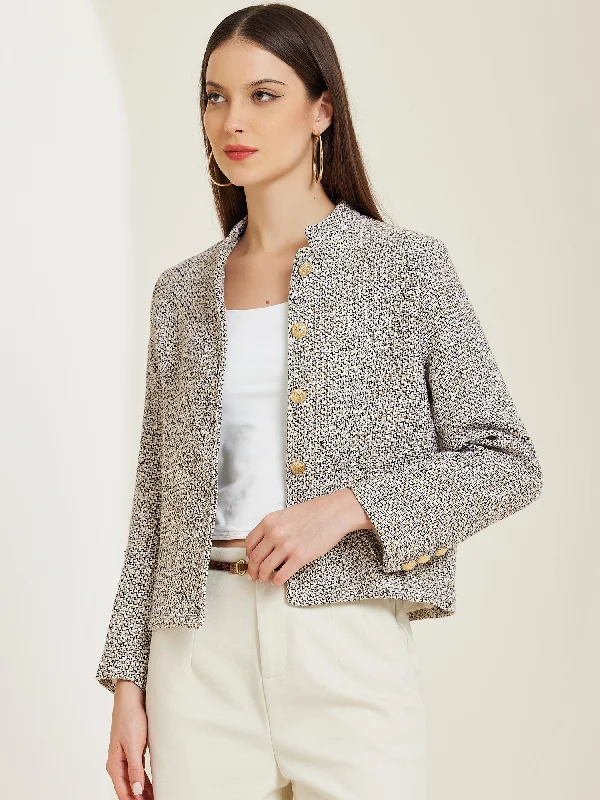 Tweed Stand Collar Long Sleeve Buttoned Cropped JacketCroptopgame