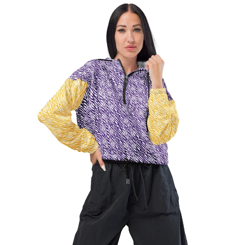 Women’s Cropped Windbreaker - Purple & Gold Zebra Print - The OriginalCroptopoutfit