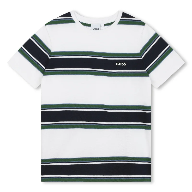 White & Green Striped Logo T-ShirtHigh-Neck Tee