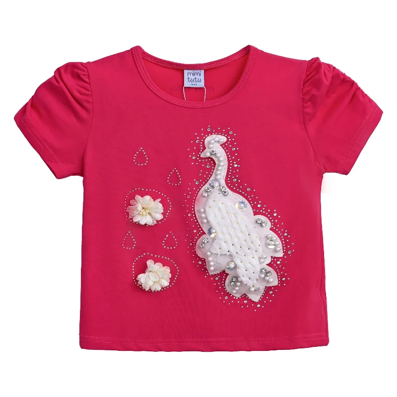 Pink Raspberry Peacock Applique T-ShirtBohemian Tee