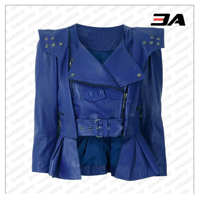 Blue Cropped Leather Peplum Biker JacketCroptopsilk