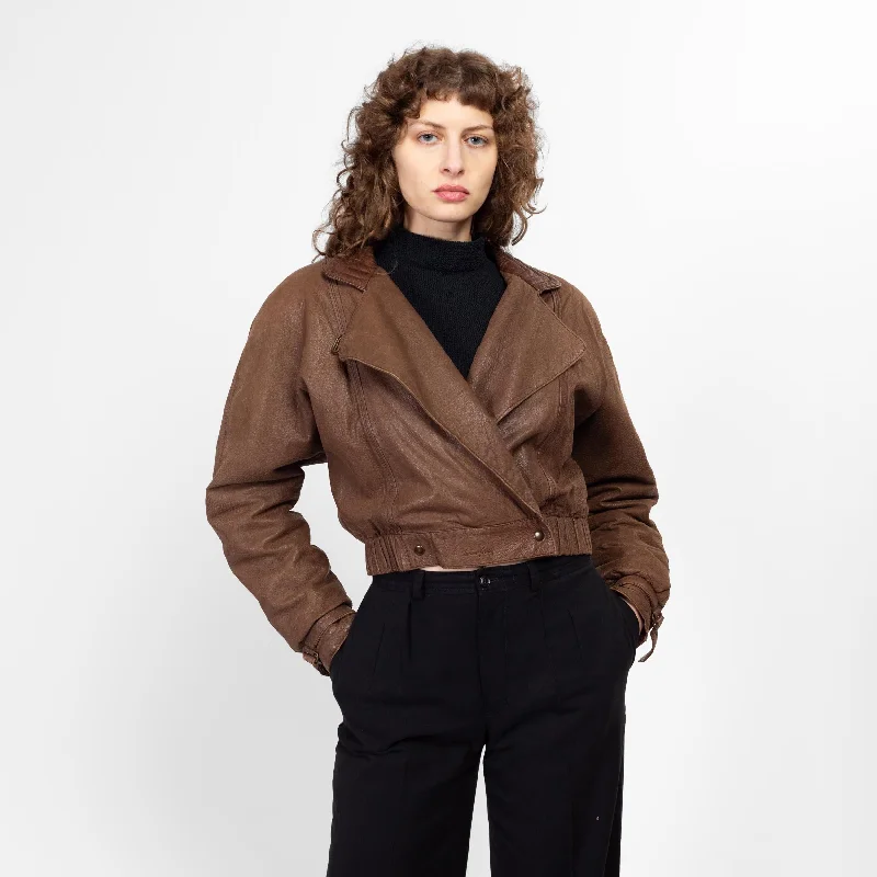 Medium 80s Brown Leather Cropped Bomber JacketCroptophem