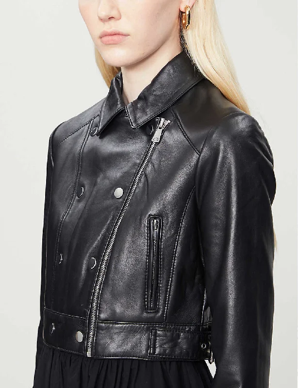 Women’s Black Leather Cropped Biker JacketCroptoppattern