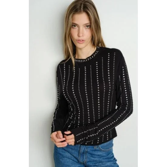 Black Embellished Mock Neck Long Sleeve Top