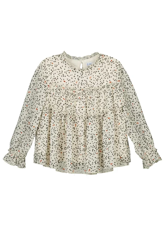 Mayoral Girl Heart Print Long Sleeve Blouse, Cream Multi