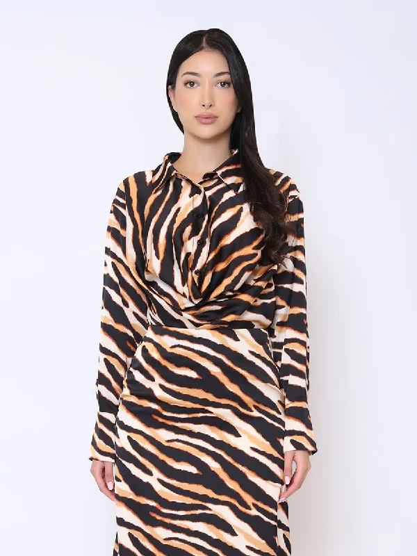 Animal Print Satin Drape Ruched Long Sleeve Top