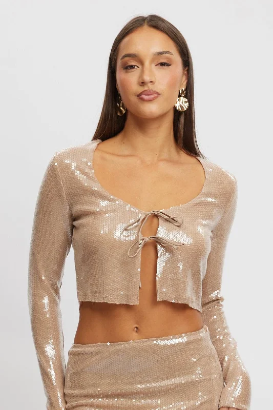 Beige Sequin Top Tie Up Front Long Sleeve