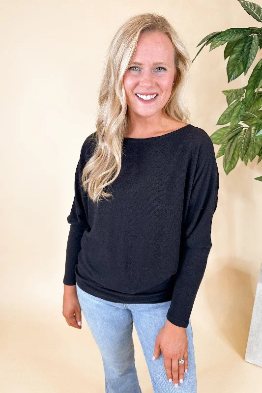 Black Dolman Sleeve Boat Neck Long Sleeve Top