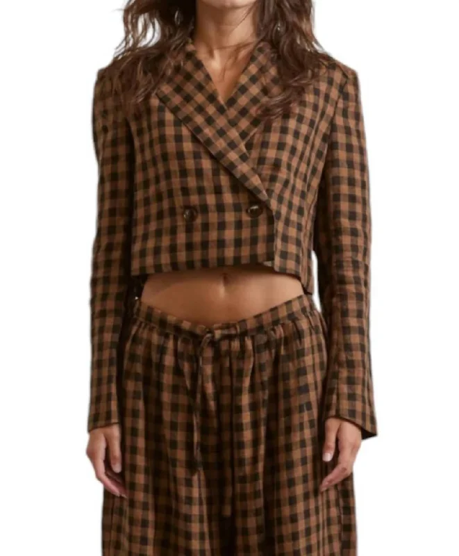 Cropped Plaid Linen Jacket In BrownCroptopfashion