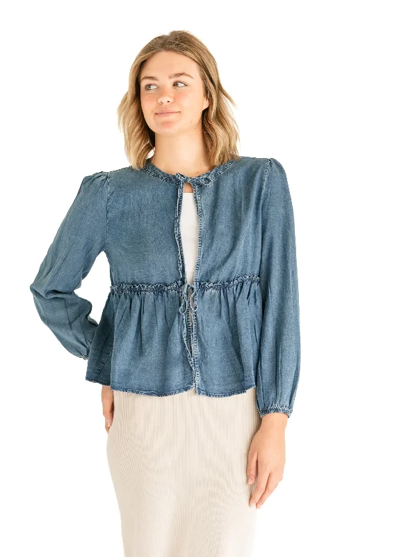 Front Tie Long Sleeve Chambray Top