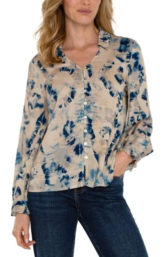 Long Sleeve Collared Button Front Woven Blouse