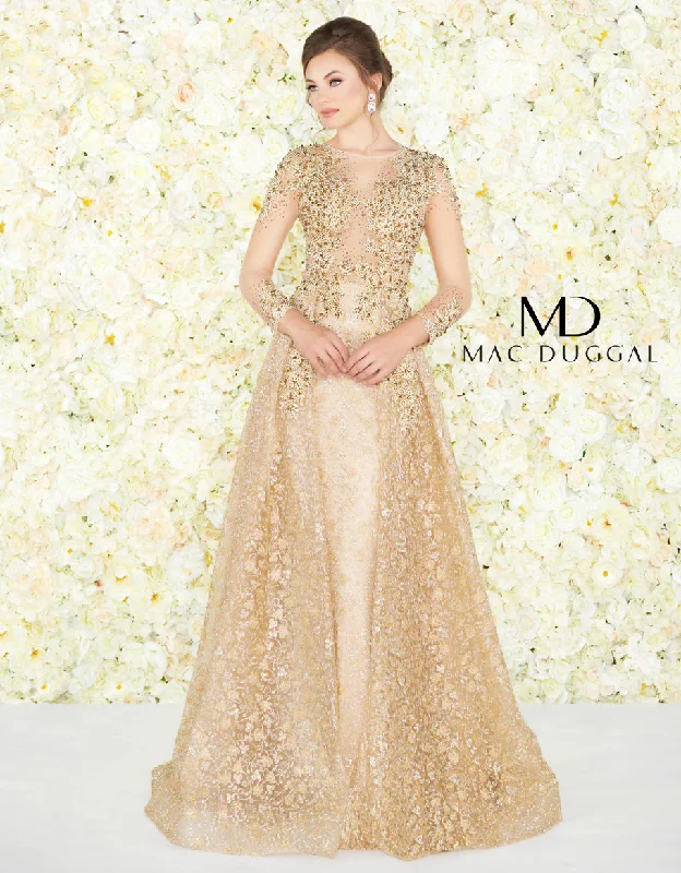 Mac Duggal Couture Long Sleeve Embellished Top Gold Gown