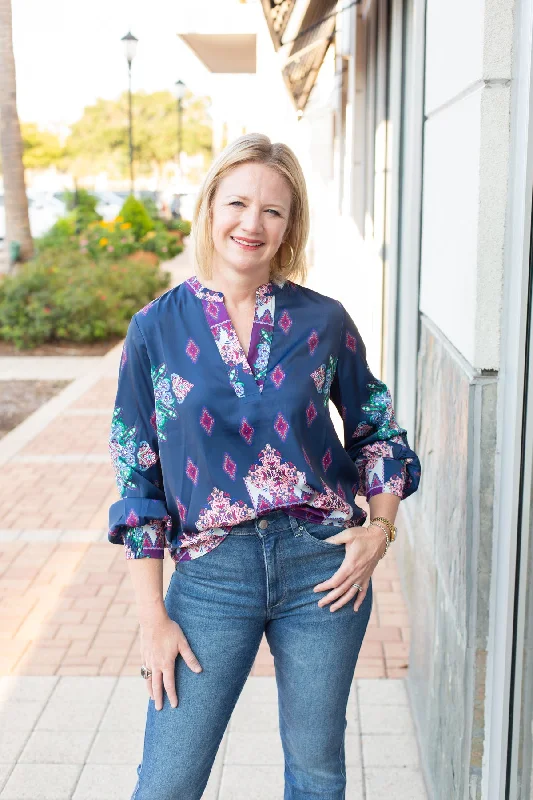 Navy Printed Long Sleeve Split Neck Blouse