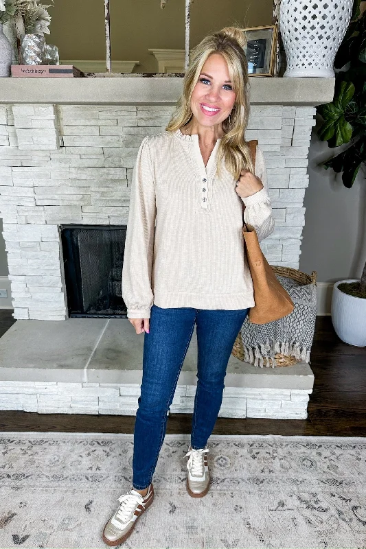 Ruffle Neck Half Button-Down Ribbed Long Sleeve Top in Oatmeal