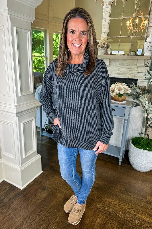 The Hadley Ribbed Cowl Neck Long Sleeve Top in Black