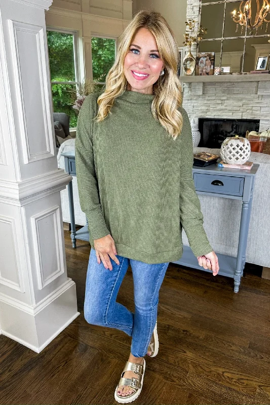 The Skylar Soft Ribbed Cowl Neck Long Sleeve Top in Olive