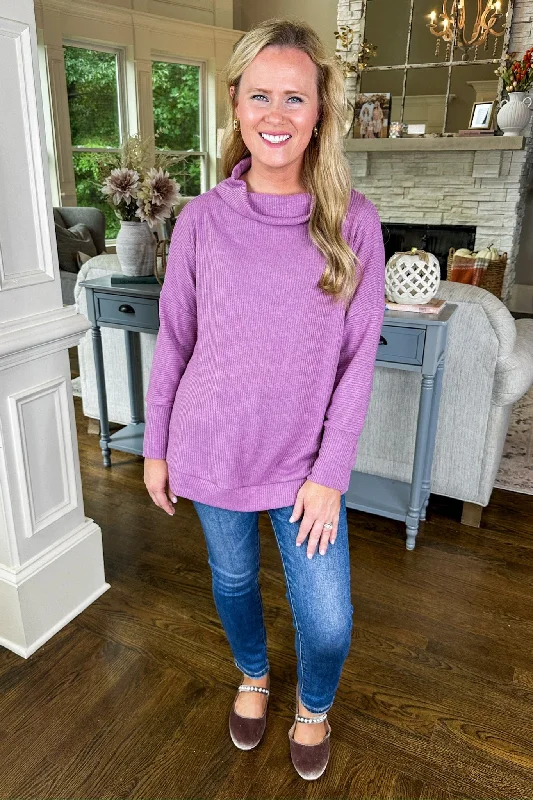 The Skylar Soft Ribbed Cowl Neck Long Sleeve Top in Orchid