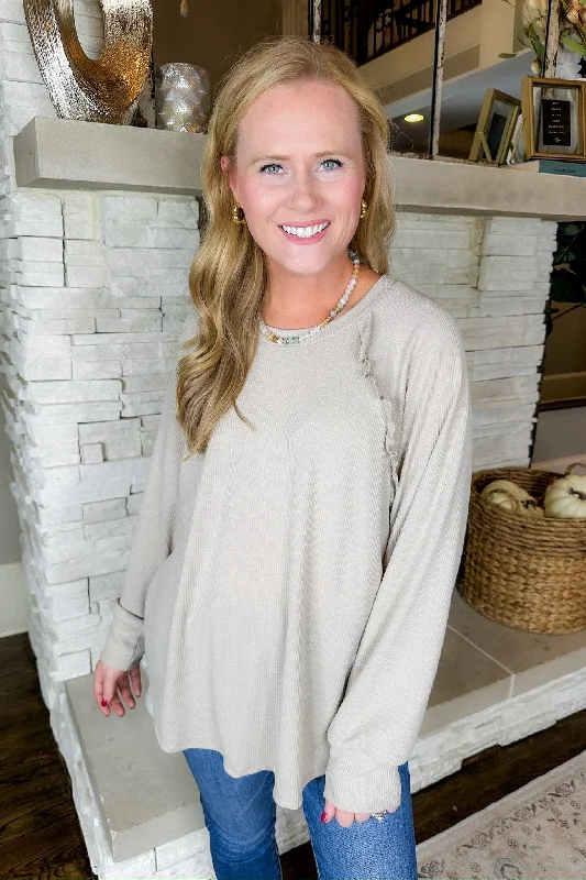 Throw On & Go Ruffle Detailed Long Sleeve Top in Taupe