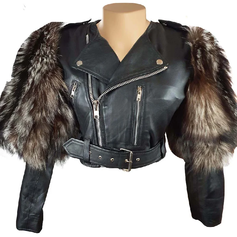 Jasmine Becker’s Cropped Leather Jacket With Belted Waist and Real Fox Fur on SleevesCroptopAI